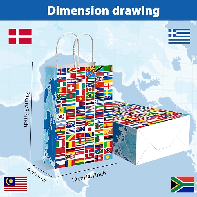 gisgfim 12 Pieces World Country Flags Party Favor Bags International Birthday Goodie Candy Treat Paper Bags Travel Trip Around The World Party Supplies Decorations for Baby Shower Birthday Gifts