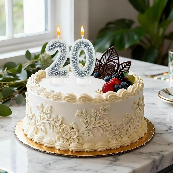 20 Birthday Number Candle for Cake, Glitter Number Candle with Silver Beads, Decorative Cake Topper for Milestone Celebrations