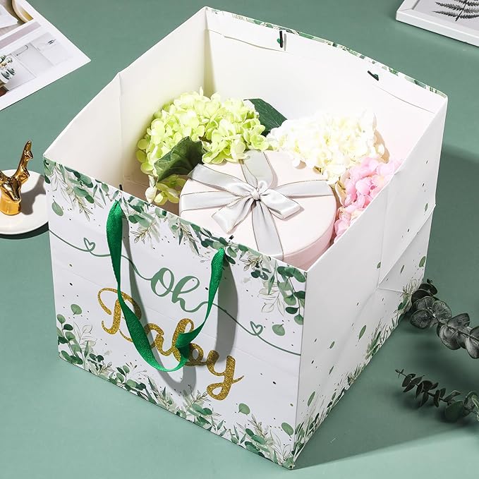 11.8" Extra Large Gift Bag Sage Green Square Giant Gift Bag with Handles and Tissue Paper Eucalyptus Oh Baby Wrapping Paper Bag for Baby Shower Birthday Newborn Gender Reveal Party Supplies