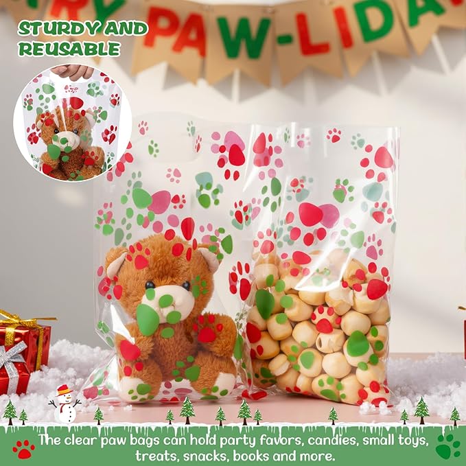 Pasimy 100 Pcs Dog Paw Gift Bags Bulk Pet Paw Puppy Plastic Treat Favor Candy Goodie Bags with Handle for Dog Birthday Party Decoration Supplies(Red and Green)