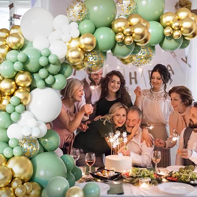 151pcs Sage Green Balloon Arch Kit Different Sizes 18 12 10 5 Inch Sage Green balloons White Gold Latex Balloons for Birthday Baby Shower Gender Reveal Wedding Engagement Party Decorations