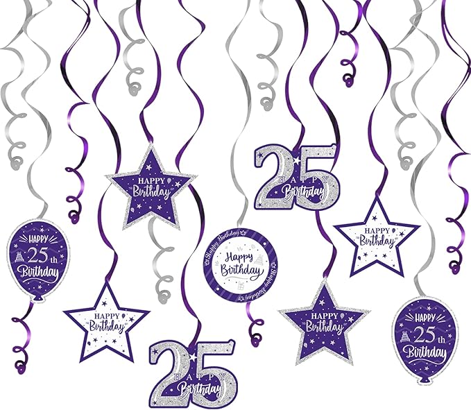 Happy 25th Birthday Purple & Silver Glitter Swirls Streamers Party Decorations - 15 Pcs 25th Birthday Hanging Swirls Streamers Kit,Perfect for 25th Bday Party Sign.