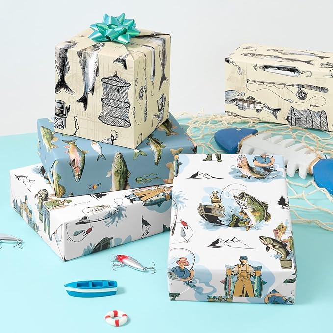 WERNNSAI Fishing Wrapping Paper Roll - 3 Rolls 17” x 120“ Fish Gift Wrap for Men Fishing Enthusiasts with Fishermen Fishes Fishhook Design Good for Birthday Father's Day Retirement Ocean Themed Party
