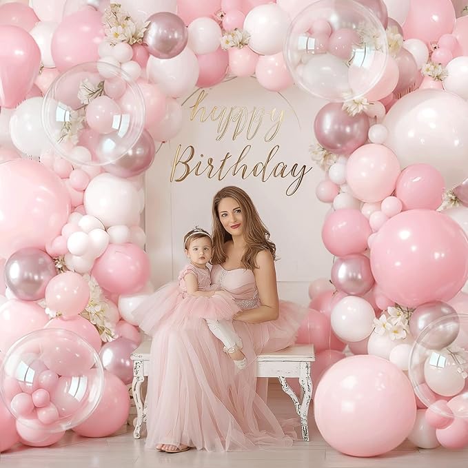 Pink and White Balloon Arch Kit, Pastel Pink Balloon Garland with Dusty Light Metallic Pink Matte White Balloons and Clear Balloons for Valentines Day Bridal Shower Wedding Party Birthday Decorations.