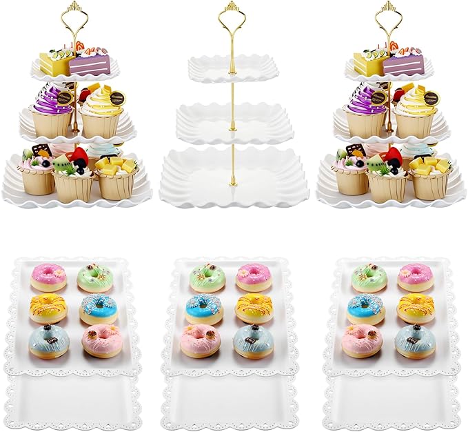 9 Pcs Cake Stand Plastic Dessert Table Display Set, 3 Pcs 3-tier Cupcake Stand Tower Holder and 6 Serving Tray for Tea Party Baby Shower Decorations