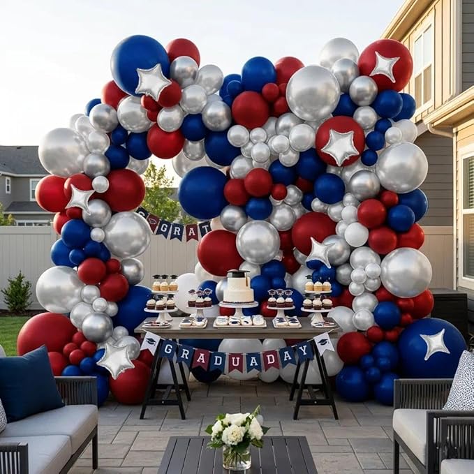 Red White Blue Balloon Arch Double Stuffed Burgundy Navy Blue Silver Pearl Balloons with 4 and 5 Corner Star Foil Balloon Garland for Graduation 4th Of July Patriot Independence Day Birthday Decor