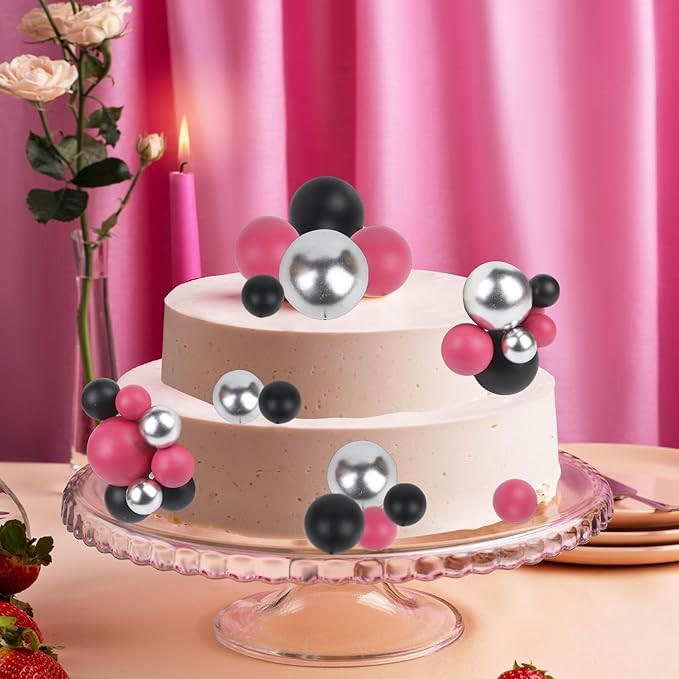 52 Pcs Cake Decorations - Rose Pink Black Silver Ball Dessert Picks, Cupcake Toppers for Girls Women, Birthday Party, Baby Shower, Gender Reveal Cake Supplies