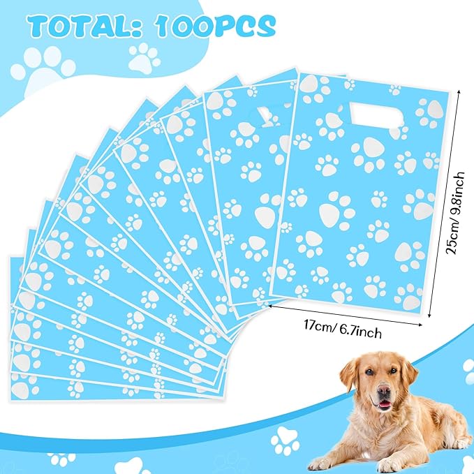 Pasimy 100 Pcs Dog Paw Gift Bags Bulk Pet Paw Puppy Plastic Treat Favor Candy Goodie Bags with Handle for Dog Birthday Party Decoration Supplies(Blue,White)
