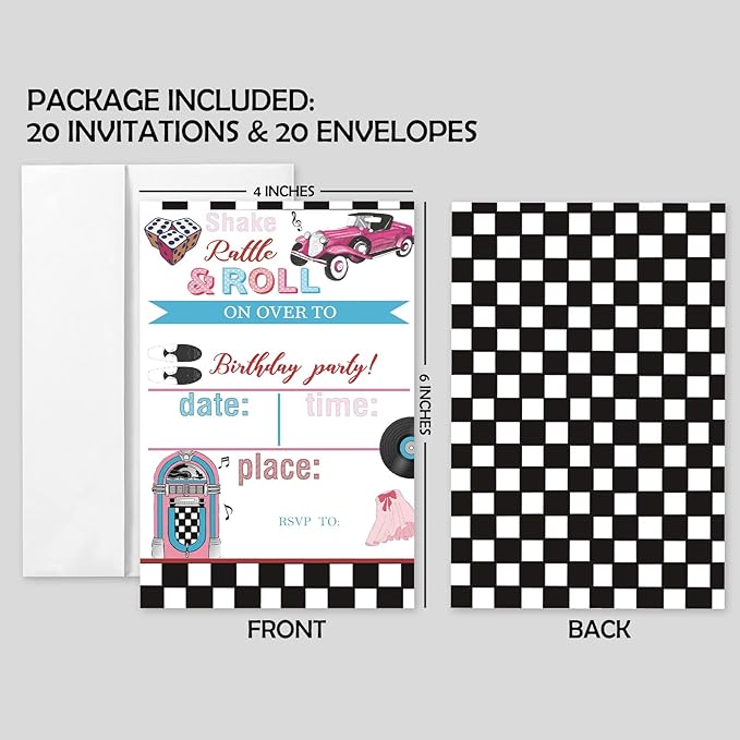 20 Sets 50's Sock Hop Birthday Party Invitations With Envelopes,Retro 1950's Jukebox Checkered Double-sided Printed Birthday Party Invitation Invite Cards for Teen Girls Boys,50's Birthday Invites
