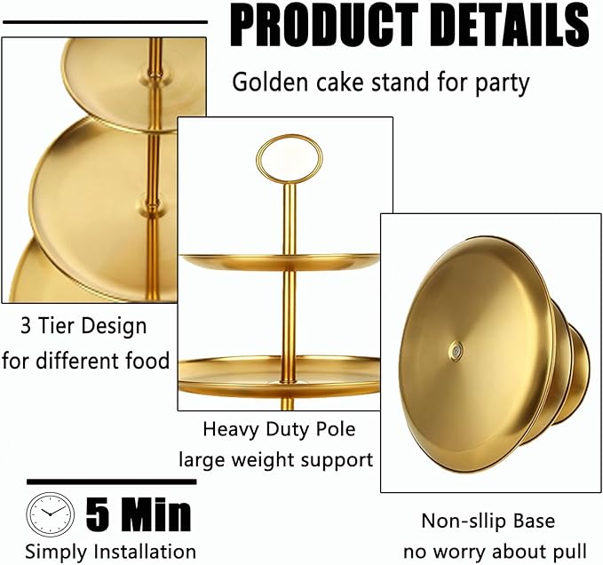 QTLCOHD 2Pcs 3 Tier Stainless Steel Cupcake Stand - Gold Tiered Dessert Stand for Wedding & Birthday Party