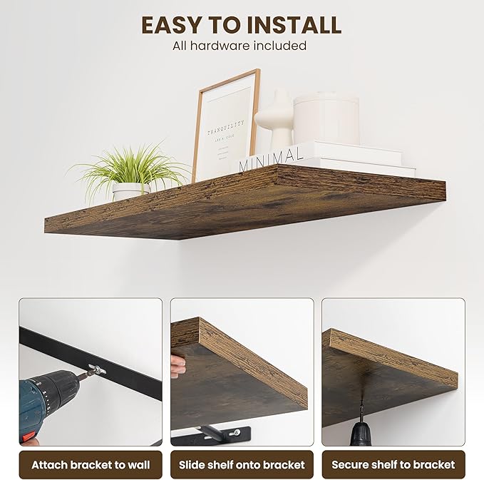 Dreamland 30" Floating Shelves for Wall, 12" Deep Slim Rustic Brown Floating Shelves, Wall-Mounted Shelves for Bedroom, Living Room, Kitchen, Bathroom - Set of 2