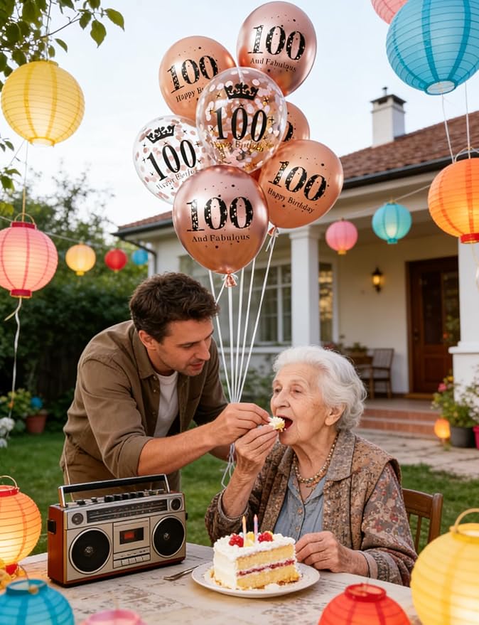 Rose Gold Birthday Balloons Decorations - 24 Pcs 100th Birthday Balloons for Women, Pearl Metallic Rose Gold Balloon, Glitter Confetti Balloon for 100 Years Old Hbd Anniversary Party Decoration