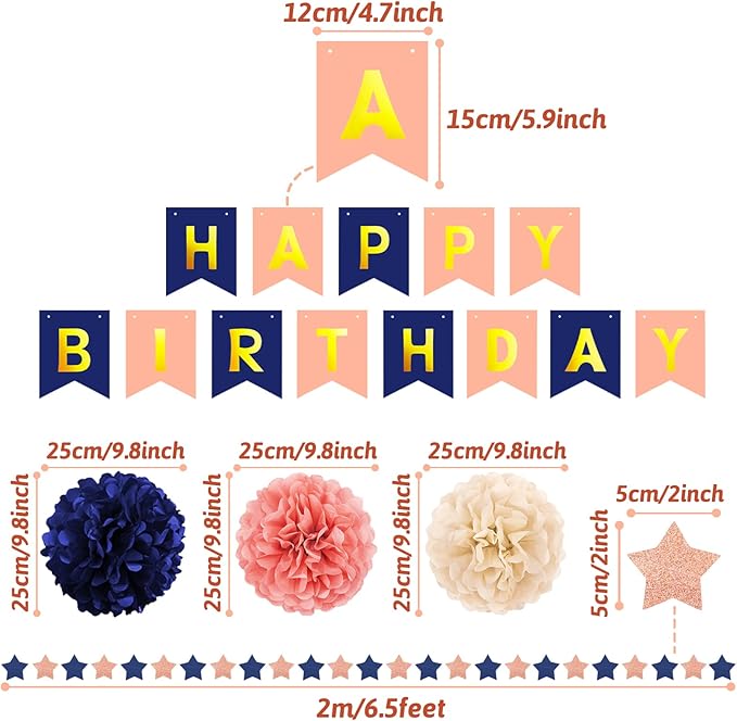 Rose Gold & Navy Blue Party Decorations - Happy Birthday Decorations with Banner for Women, Girls, Engagement & Anniversary Parties