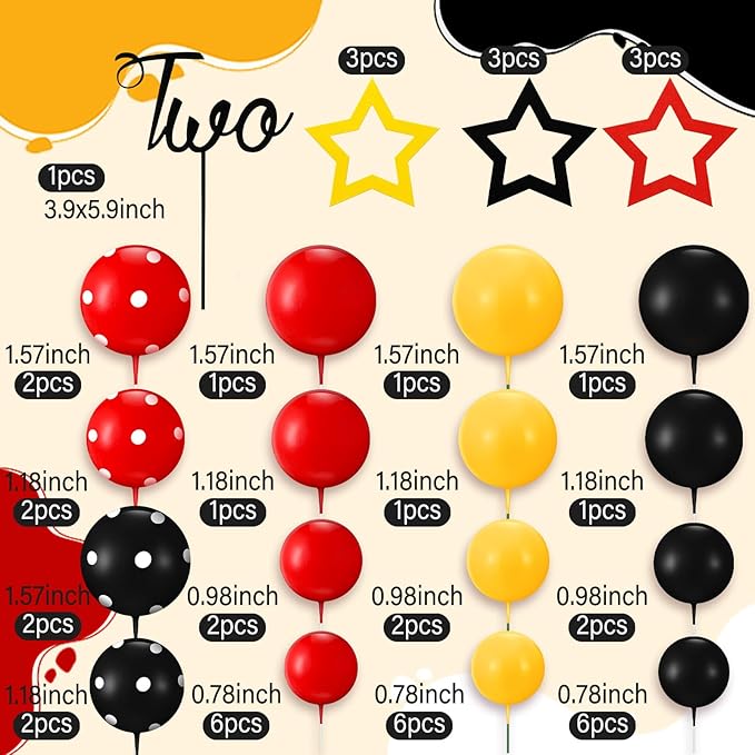 57 Pcs Black Red Yellow Ball Star Cake Topper Set Cartoon Cake Decorations with Flag DIY Insert Topper for One Two Years Happy Birthday Decorations Baby Shower Party Supplies(Two Year)