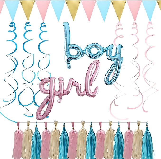 Gender Reveal Decorations Kit - Simple Boy or Girl Party Supplies with Foil Balloons, Tissue Paper Tassels, Pennant Banner & Hanging Swirls - Easy Setup Baby Shower Decor Set