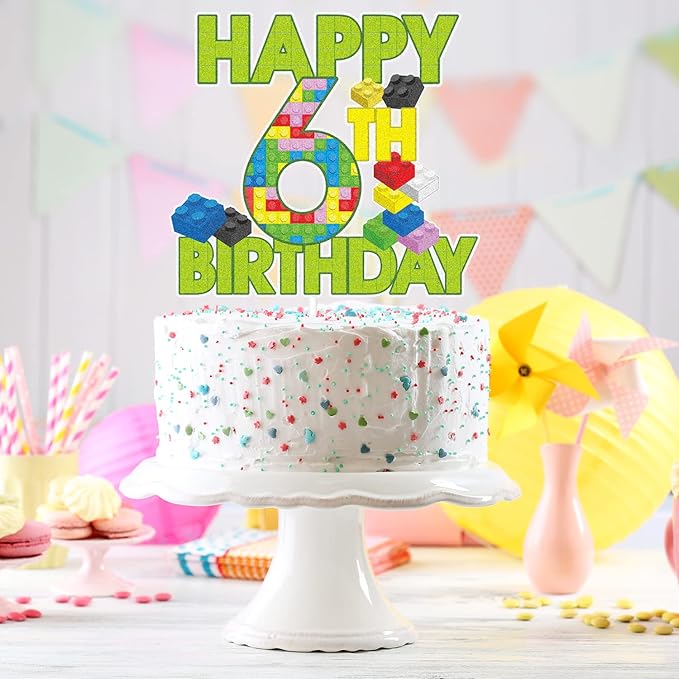 Happy 6th Birthday Building Block Cake Topper - Puzzle Games Boy's 6th Birthday Party Green Cake Topper Supplies - Building Block Party Decoration For Boy