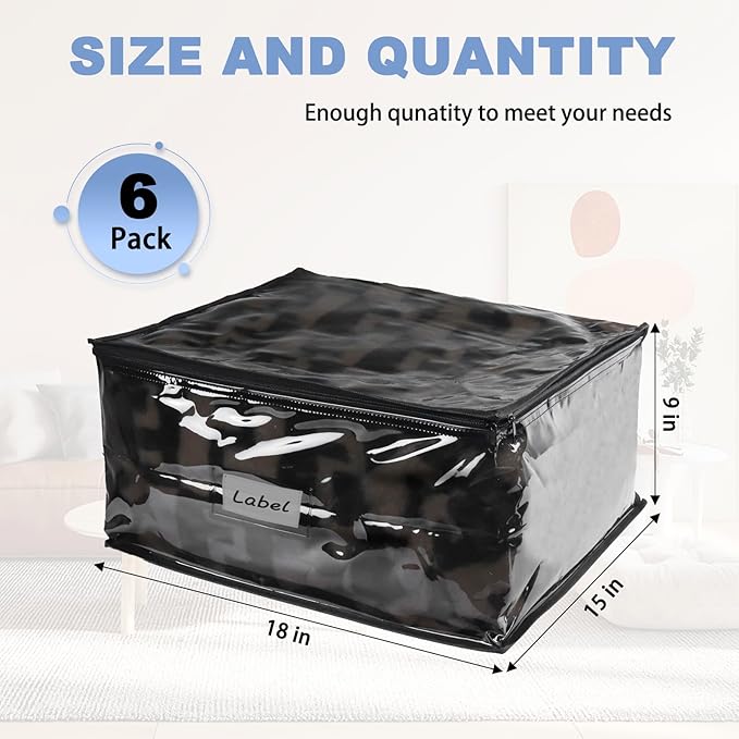 Clear Zippered Storage Bags Plastic Sweater Storage Bags with Zipper 6 Packs Clothing Organizer for Blankets Linen Sweater Bed Sheet Quilt Clothes Pillow (18 x 15 x 9 Inch, Black)