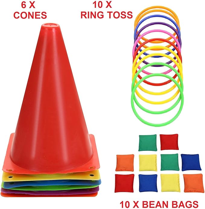 Win SPORTS 3 in 1 Carnival Outdoor Games Combo Set, Soft Plastic Cones Cornhole Bean Bags Ring Toss Games,for Kids Adults Indoor Outdoor Birthday Party Lawn Games Supplies (26 Pieces