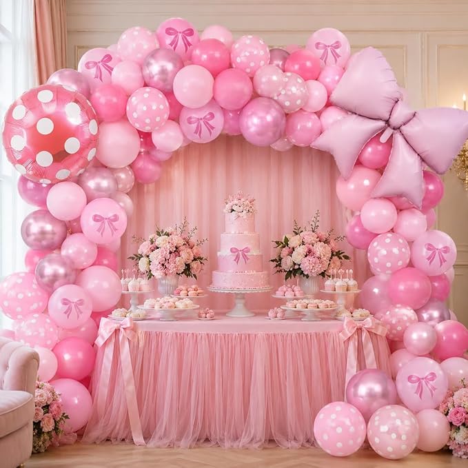 Pink Bow Balloons, 12 Inch Mouse Balloon with Hot Pink Rose Polka Dots Bow Foil Balloon Print Latex Balloons for Mouse Theme Bow's Birthday Party Decoration