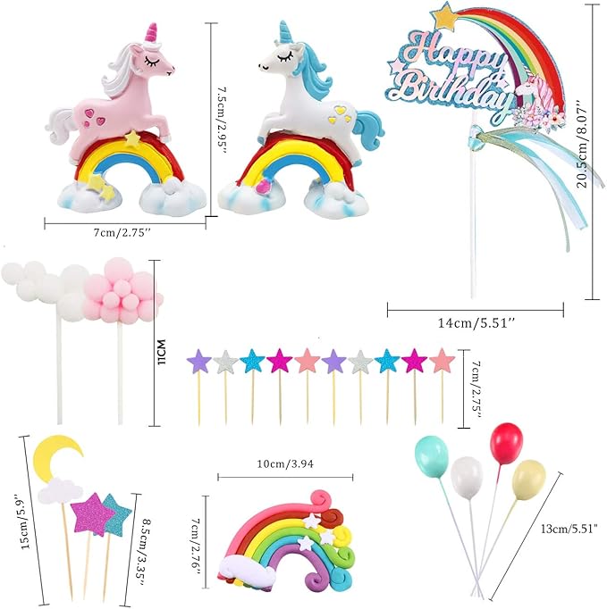 MOVINPE Unicorn Cake Topper, 2 Magic Unicorns Sculpture, 1 Rainbow, 1 Happy Birthday Banner, 2 Cloud, 4 Balloon, 12 Stars, 1 Moon, Cake Decoration For Girl Kid Women Birthday Party