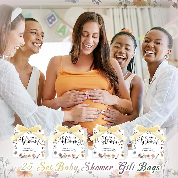 Spakon 25 Sets Baby in Bloom Baby Shower Party Favors Bags Wildflower Gift Bags with Handle and Bow Ribbon for Birthday Party Supplies Decoration