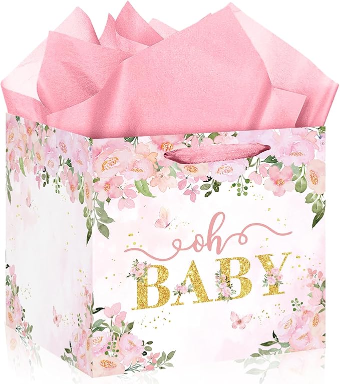 Extra Large Baby Gift Bag, Pink Floral Square Gift Bags Baby Shower Wrapping Paper Bag with Tissue Paper Oh Baby Jumbo Gift Bags for Sweet Baby Girl New Parents Gender Reveal Party Favors