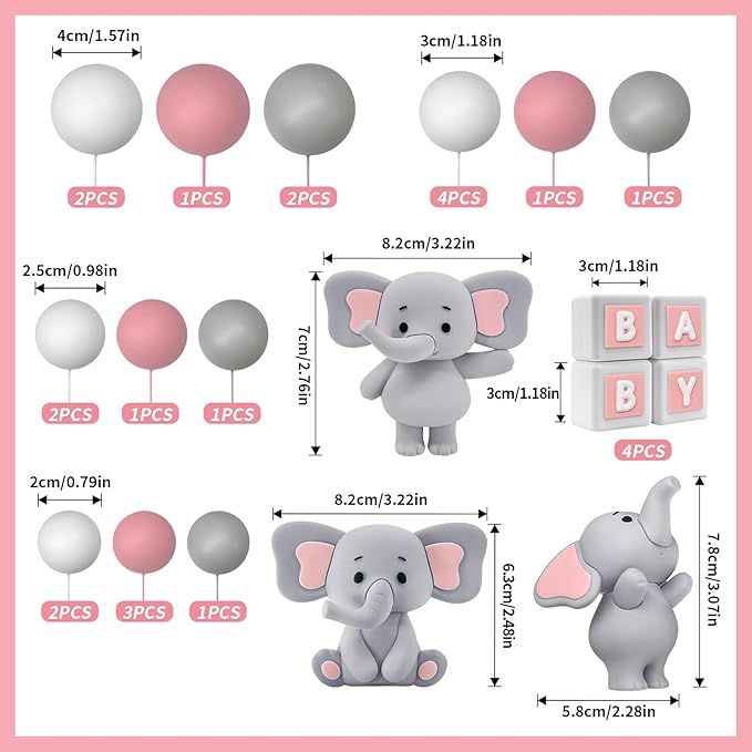 28pcs Elephant Cake Topper Balls Cake Decorations DIY Cake Topper for Boy Girl Birthday Party Decorations (Pink)
