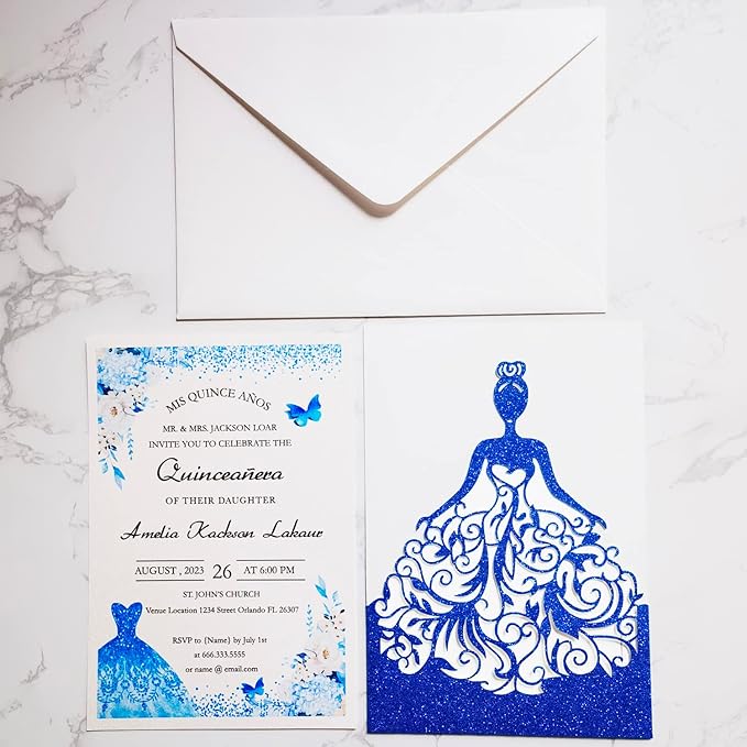 50PCS 5 x 7.3'' Personalized Quinceanera Invitations, Laser Cut Girl Princess Invitation Card Kit with Envelopes for Birthday Party, Quinceañera, XV Años, Mis Quince, Sweet 16 (Royal Blue Glitter)