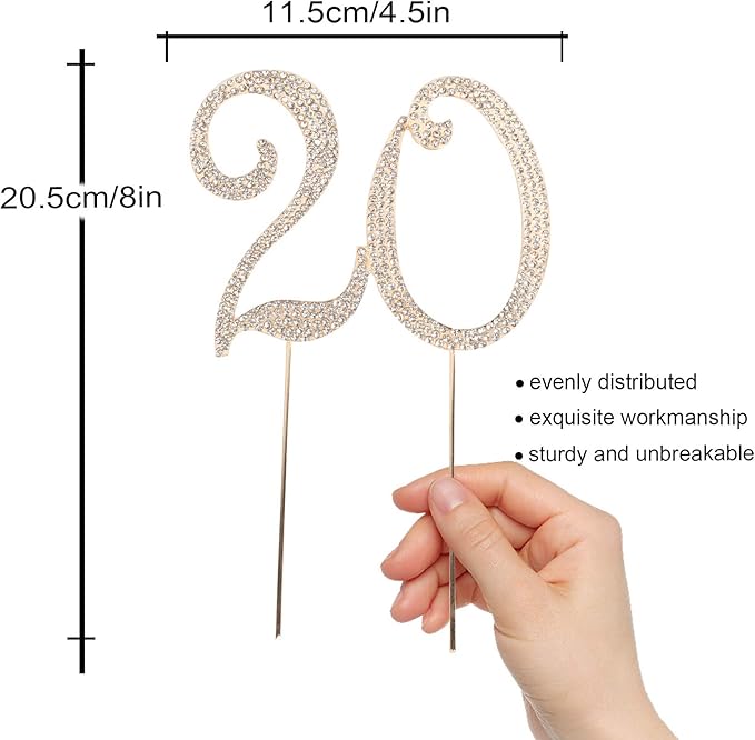 20 Years Birthday Cake Topper - New Best Crystal Rhinestone 20th Wedding Anniversary Or 20 Years Old Cake Topper Party Decoration Gold