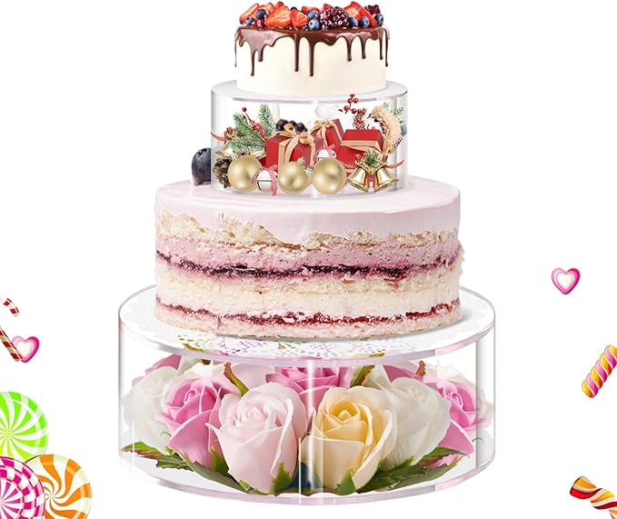 2PCS Acrylic Fillable Cake Stand with Lace Paper Doilies, Clear Round Cylinder Display Riser Display Box, Decorative Centerpiece for Wedding Birthday Party Display(6Inch, 10Inch)