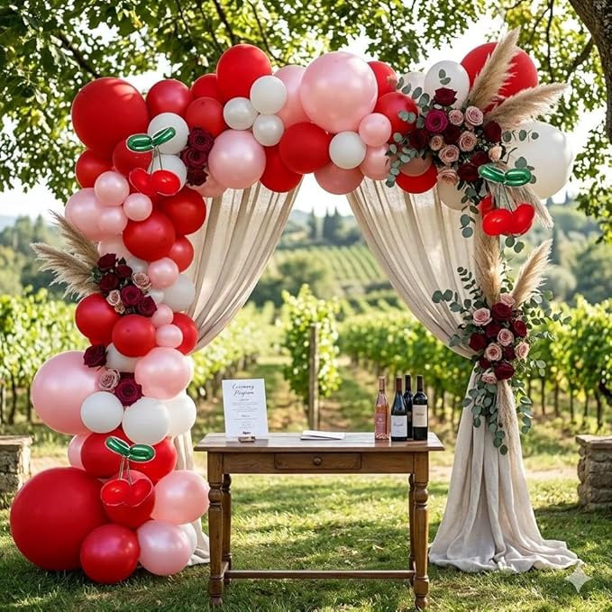 Red Pink Balloon Arch Double Stuffed Latex Pink White Pearl Balloons Red Green Long Balloon Garland for Cheery On Top Baby Shower Birthday Christmas Bridal Shower Garden Berry Party Decoration