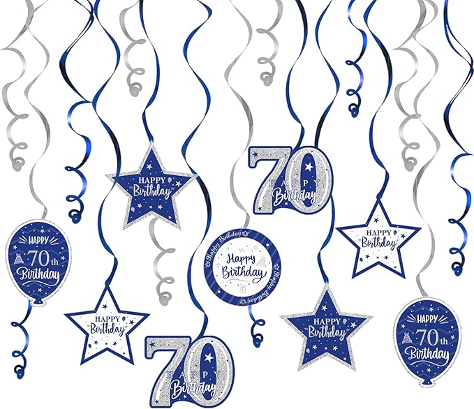 Happy 70th Birthday Blue & Silver Glitter Swirls Streamers Party Decorations - 15 Pcs 70th Birthday Hanging Swirls Streamers Kit,Cheers to Seventy Years Old Bday Party Sign.