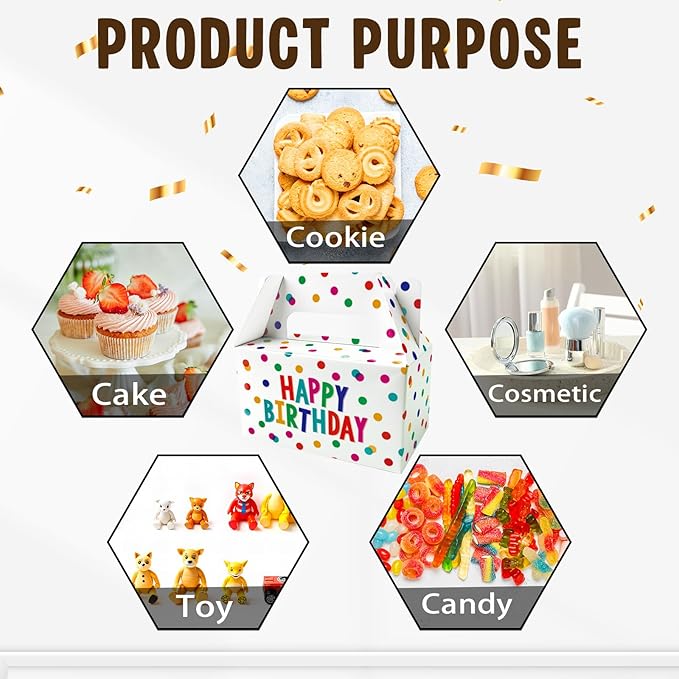 12 Pack Colorful Polka Dot Birthday Party Candy Boxes with Handles, Theme Gift Bags for Adults, Boys, Girls and Kids, Candy Gift Boxes for Party Favors, Birthday Wrapping and Polka Dot Decorations