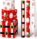 WERNNSAI Christmas Wrapping Paper Rolls - 3 Rolls 17”x 120”Red Christmas Wrapping Paper for Holiday Gift Packing Decorations Santa Claus and Snowflake Design Wrap Paper with Cutting Lines