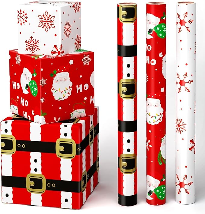 WERNNSAI Christmas Wrapping Paper Rolls - 3 Rolls 17”x 120”Red Christmas Wrapping Paper for Holiday Gift Packing Decorations Santa Claus and Snowflake Design Wrap Paper with Cutting Lines