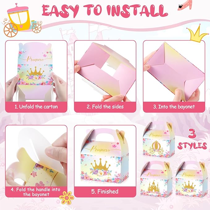 Nezyo Princess and Prince Treat Boxes - Pink & Blue Crown Cardboard Goodie Boxes for Birthday Party Favors(24 Pcs,Princess)