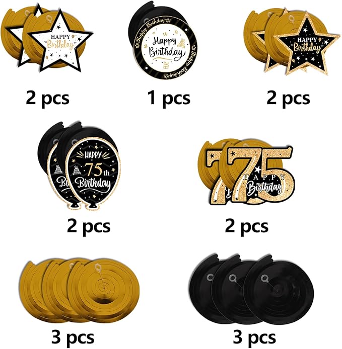 Happy 75th Birthday Black & Gold Glitter Swirls Streamers Party Decorations - 15 Pcs 75th Birthday Hanging Swirls Streamers Kit,Perfect for 75th Bday Party Sign.