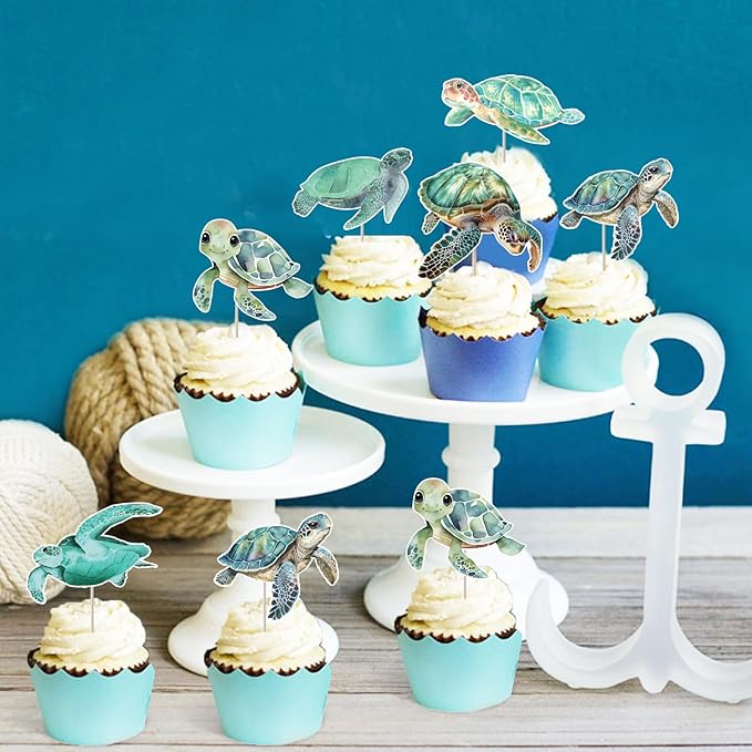 Turtle Birthday Decorations 24pcs Sea Turtle Theme Cake Toppers for Boys Ocean Animals 1st 2nd 3rd Birthday Decors Under the Sea Cake Decorations Underwater Baby Shower Gender Reveal Party Supplies