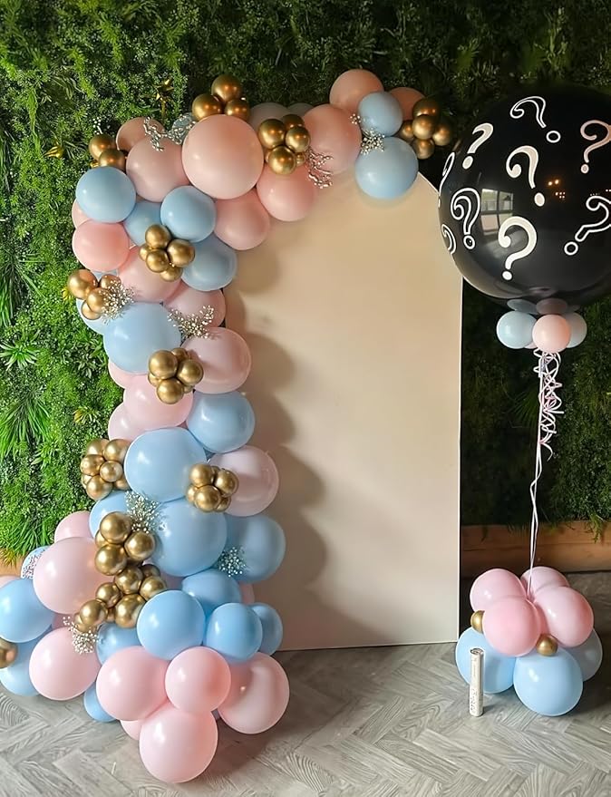 Gender Reveal Balloon Arch Garland Kit - Pink and Blue Balloon Arch Kit Pastel Pink Blue Balloons Metallic Gold Latex Balloons for Baby Gender Reveal Boy or Girl Baby Shower Party Decorations