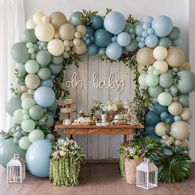 Dusty Blue Green Balloon Arch Kit Double Stuffed Pastel Light Sage Green Blue White Sand Beige Balloon Garland for Birthday Baby Shower Dinosaur Wedding Wild One Ocean Silly Goose Party Decoration