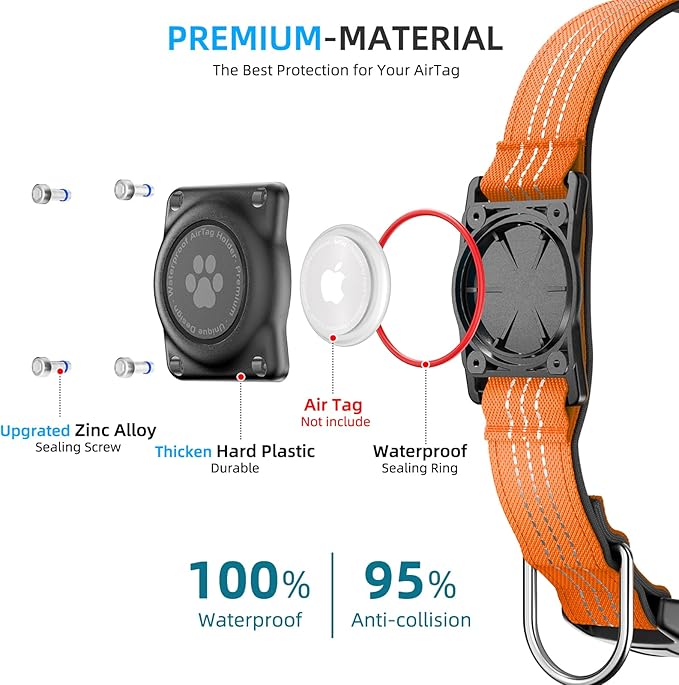 Upgraded AirTag Dog Collar, IP68 Waterproof Air Tag Dog Collar Holder, Reflective, Ultra-Durable, Comfortable Padded, Heavy Duty Dog Collars for Small Medium Large Dogs (XS (10.25"-13"), Orange)
