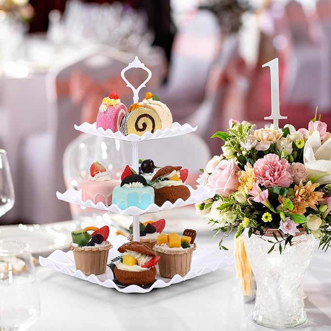 Chunful 8 Pack 3 Tier Cupcake Stand Bulk Square Tiered Dessert Stand Holder Wave Edge Thick Plastic Serving Tray Dessert Table Display Set Tea Cake Holder for Wedding Birthday Party (White)