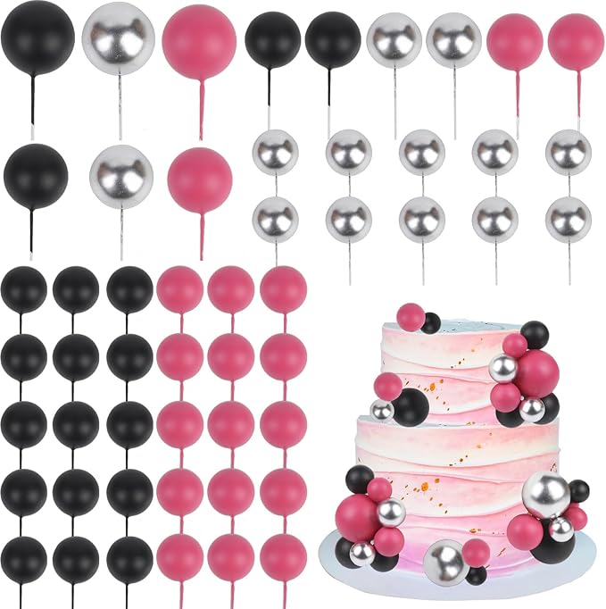 52 Pcs Cake Decorations - Rose Pink Black Silver Ball Dessert Picks, Cupcake Toppers for Girls Women, Birthday Party, Baby Shower, Gender Reveal Cake Supplies