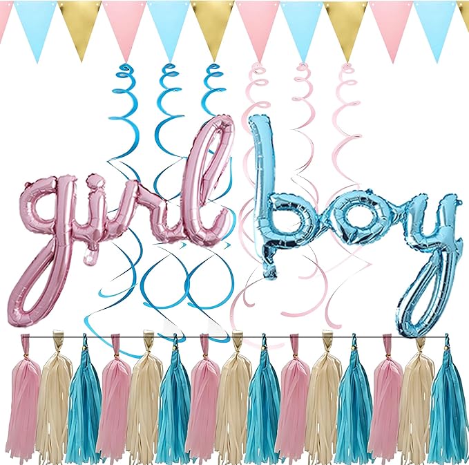 Gender Reveal Decorations Kit - Simple Boy or Girl Party Supplies with Foil Balloons, Tissue Paper Tassels, Pennant Banner & Hanging Swirls - Easy Setup Baby Shower Decor Set