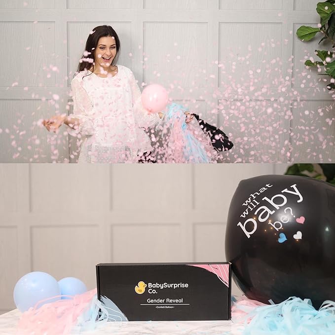 What Will Baby Be? Gender Reveal Balloon - 36 Inch Boy or Girl with Mini Balloons, Confetti & Backup - Black