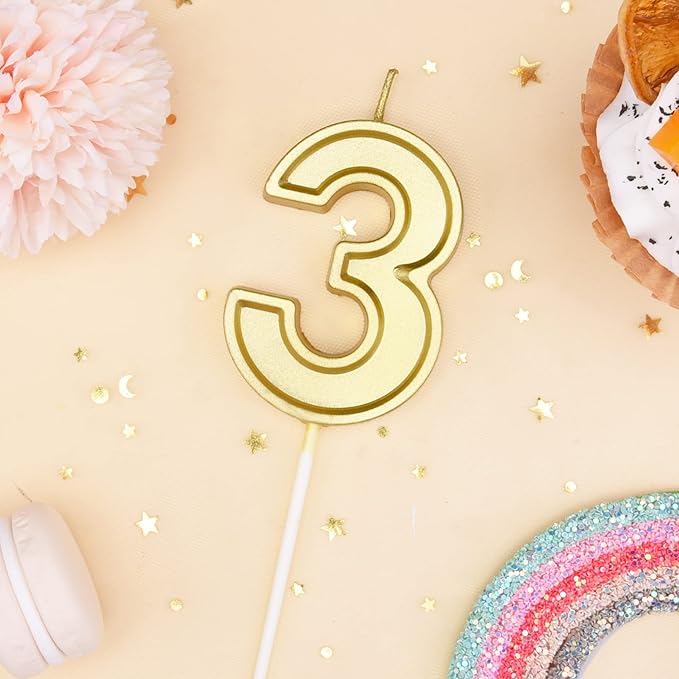 PHD CAKE 2.76 Inch Luxe Gold 3 Number Birthday Candles, Gold Number Candles, Cake Number Candles, Party Celebration