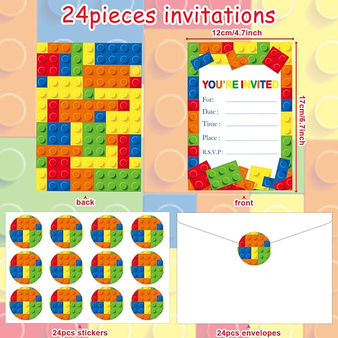 Wiooffen Children Boys Birthday Party Invitations Building Blocks Party Supplies, Stacking Block Bricks Invitation Cards Set with Sticker Labels Envelopes Birthday Decorations for 24 Guests