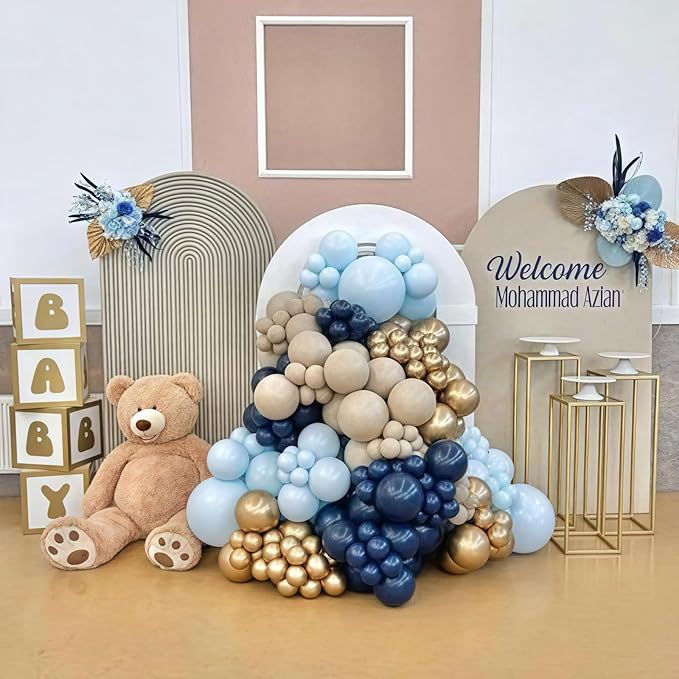 Navy Blue Balloon Arch Kit, Dusty Light Blue Gold Balloon Garland White Sand Cream Metallic Gold Balloons for Wedding Bridal Baby Shower Gender Reveal Graduation Birthday Party Decorations Supplies