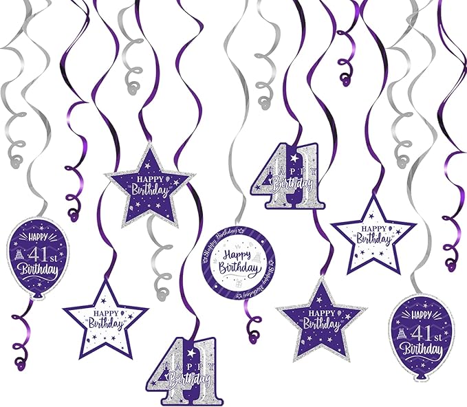 Happy 41st Birthday Purple & Silver Glitter Swirls Streamers Party Decorations - 15 Pcs 41st Birthday Hanging Swirls Streamers Kit,Perfect for 41st Bday Party Sign.