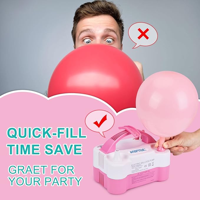AGPtEK Electric Air Balloon Pump with Built-in Tying Tool, 110V 600W Pink and White Portable Dual Nozzle Inflator/Blower for Party Decoration with Tying Tool on Handle